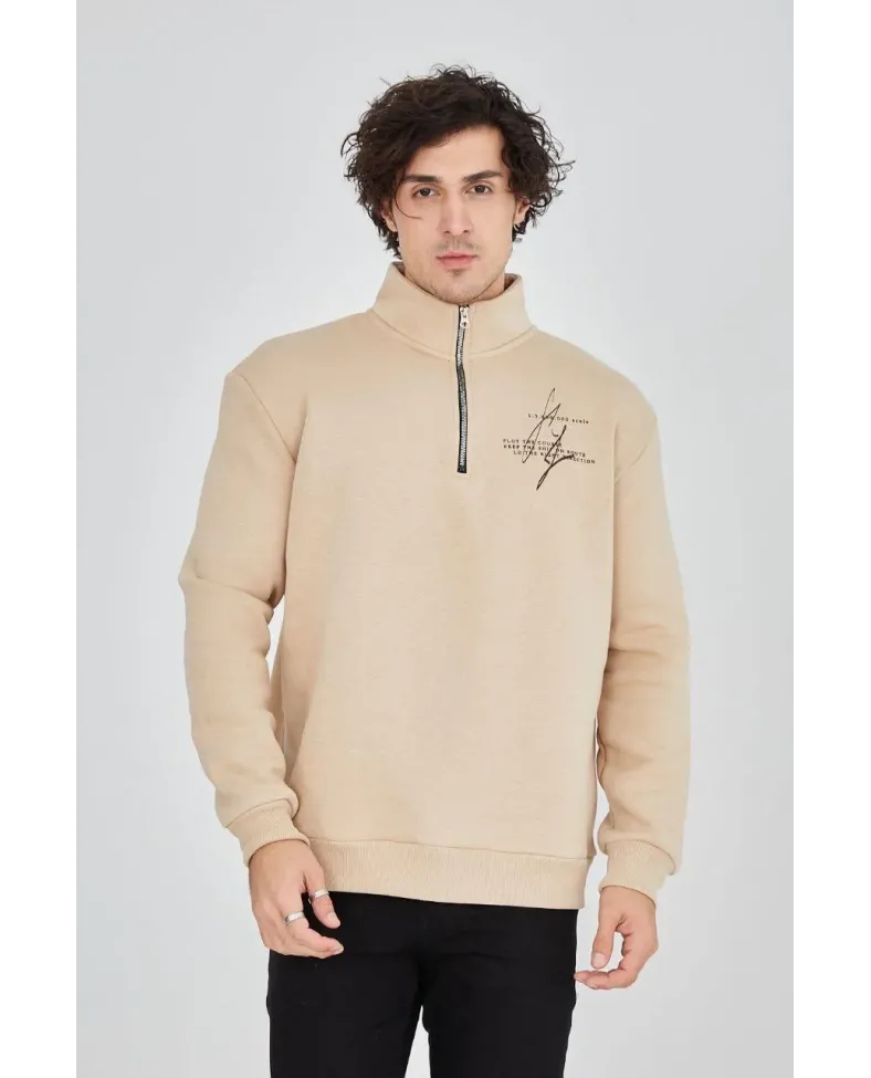 Erkek Yarım Fermuarlı Baskılı 3 iplik pamuklu sweatshirt - Bej