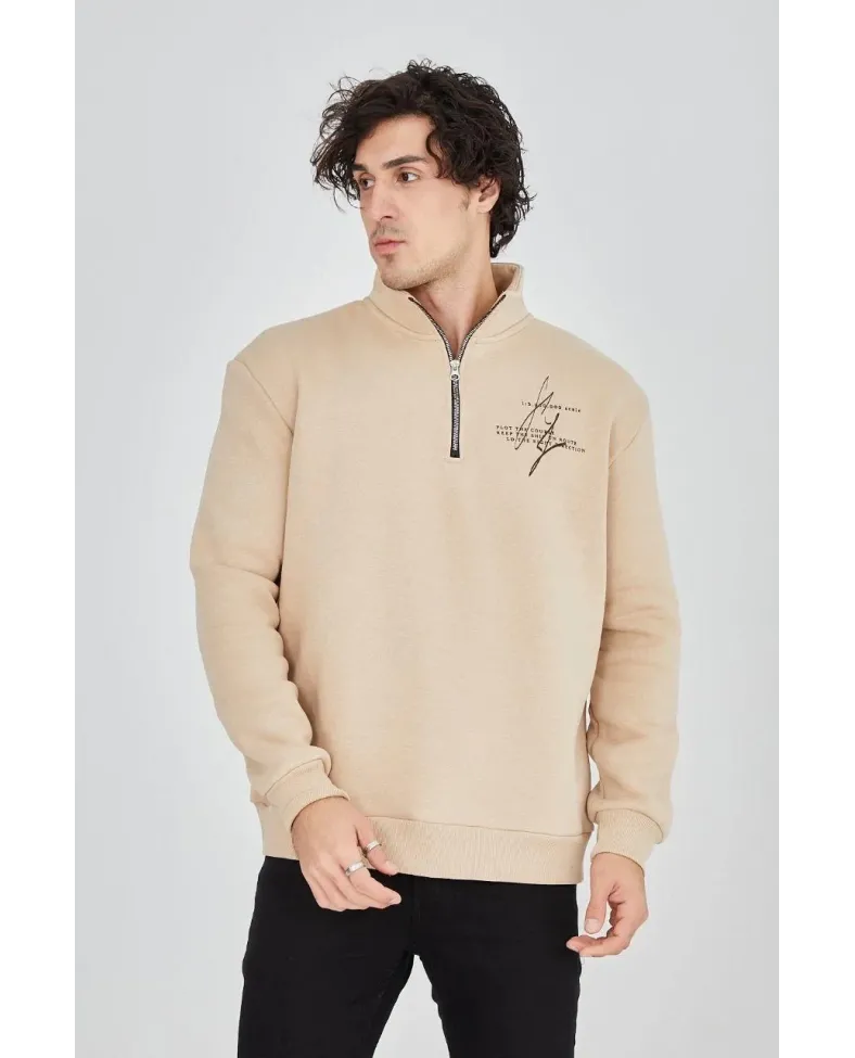 Erkek Yarım Fermuarlı Baskılı 3 iplik pamuklu sweatshirt - Bej