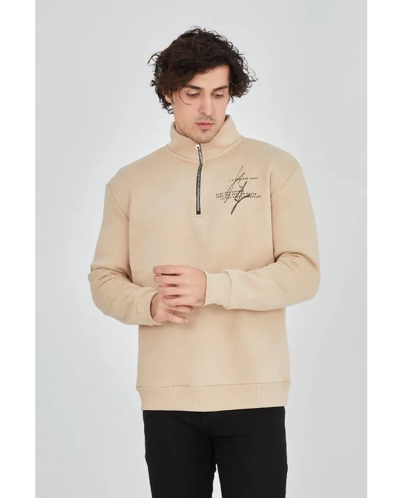 Erkek Yarım Fermuarlı Baskılı 3 iplik pamuklu sweatshirt - Bej