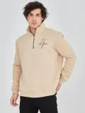 Erkek Yarım Fermuarlı Baskılı 3 iplik pamuklu sweatshirt - Bej