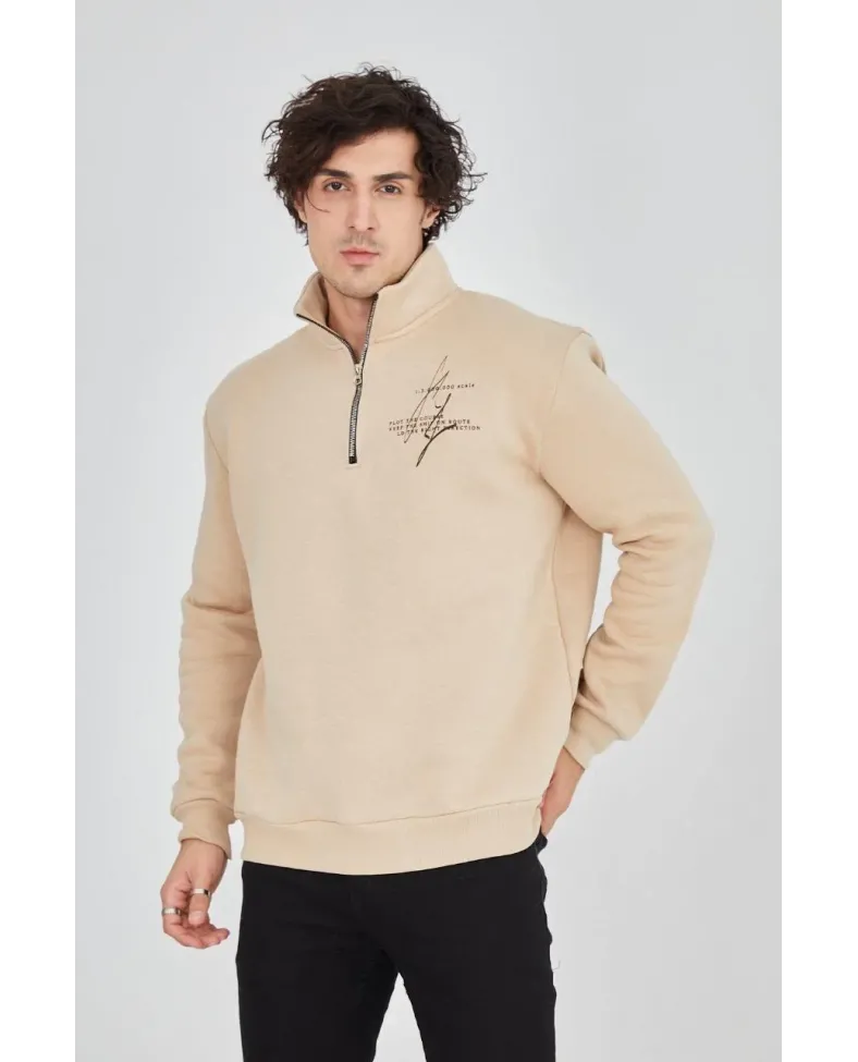 Erkek Yarım Fermuarlı Baskılı 3 iplik pamuklu sweatshirt - Bej