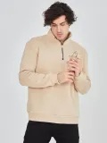 Erkek Yarım Fermuarlı Baskılı 3 iplik pamuklu sweatshirt - Bej