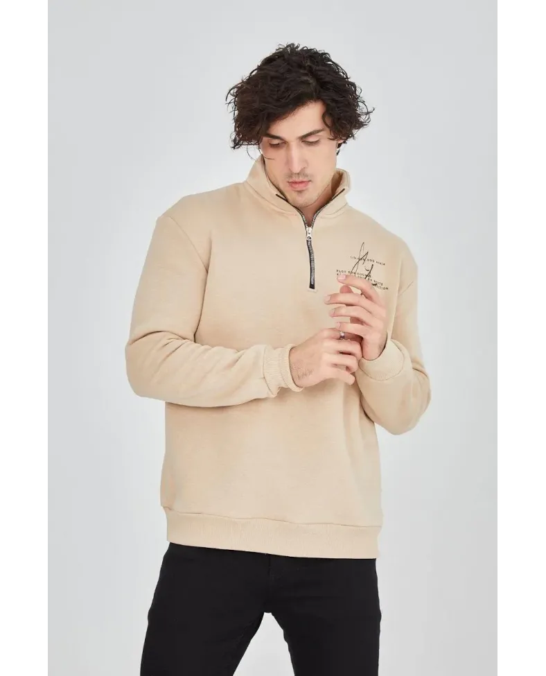 Erkek Yarım Fermuarlı Baskılı 3 iplik pamuklu sweatshirt - Bej