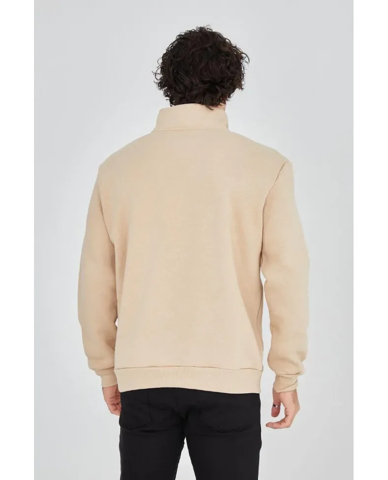 Erkek Yarım Fermuarlı Baskılı 3 iplik pamuklu sweatshirt - Bej