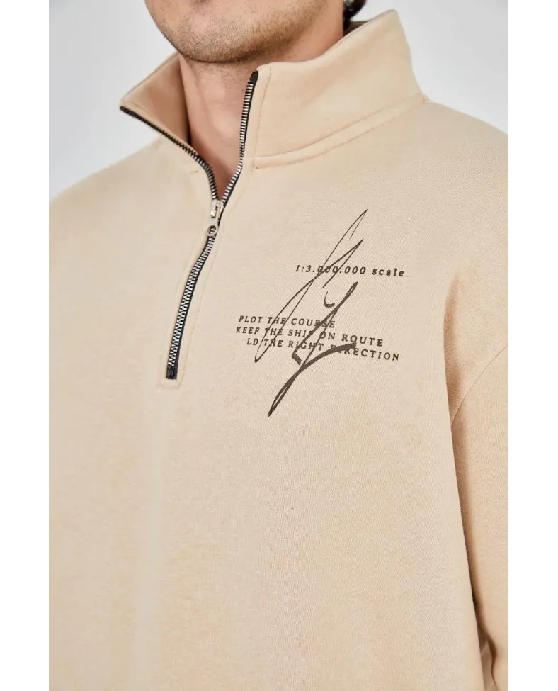 Erkek Yarım Fermuarlı Baskılı 3 iplik pamuklu sweatshirt - Bej