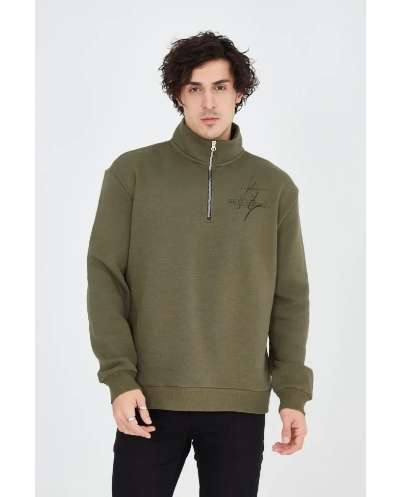 Erkek Yarım Fermuarlı Baskılı Sweat - Yeşil