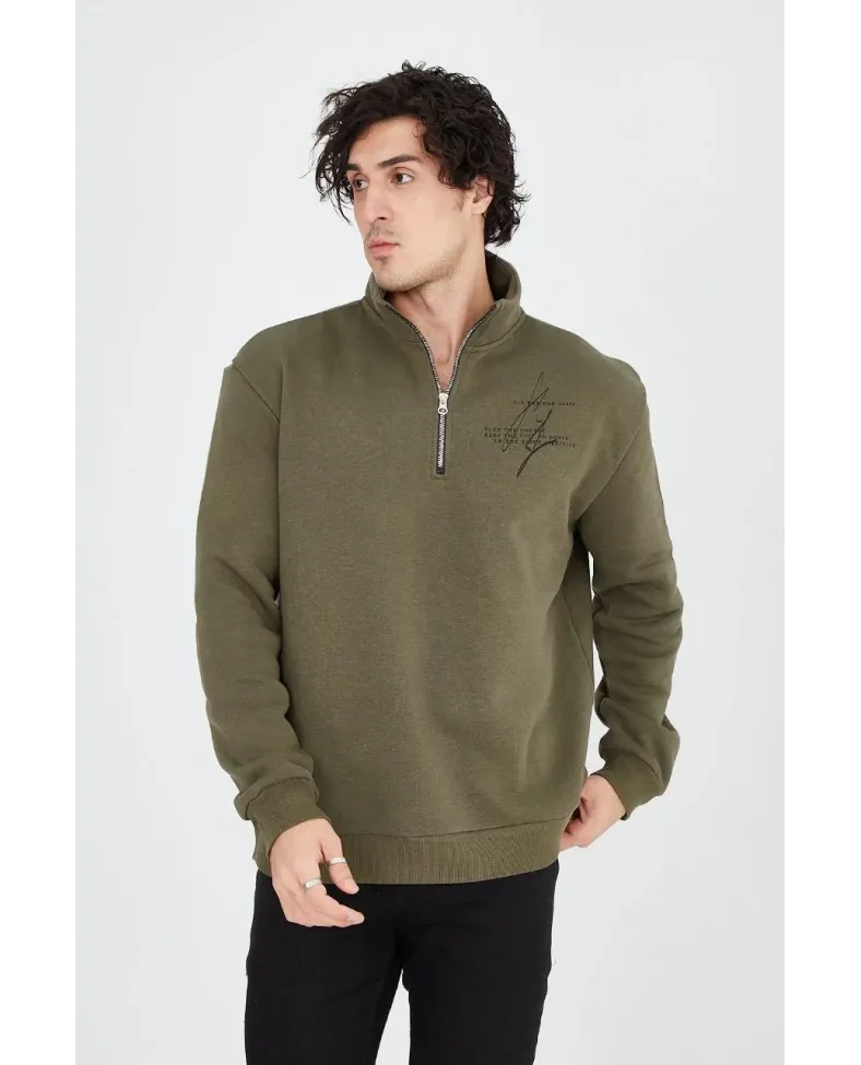 Erkek Yarım Fermuarlı Baskılı Sweat - Yeşil