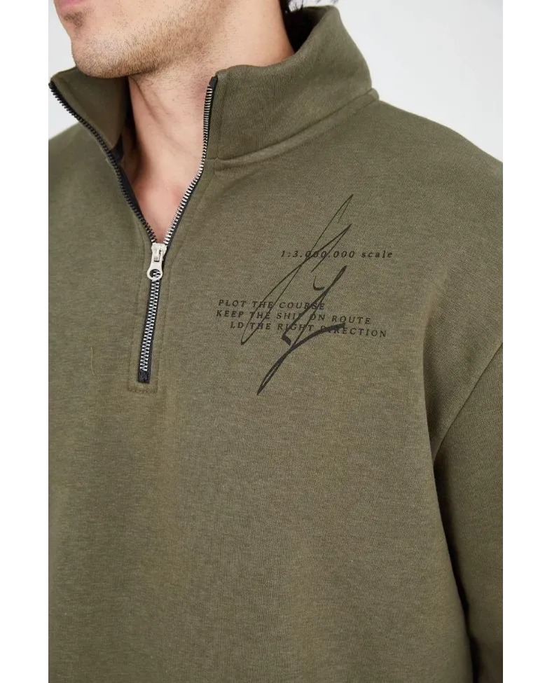 Erkek Yarım Fermuarlı Baskılı Sweat - Yeşil