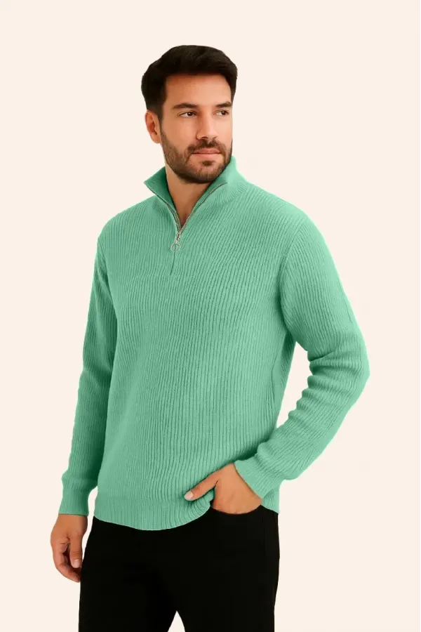 Erkek Yarım Fermuarlı Triko Kazak Selanik Örgü Dik Yaka Pamuklu Dokuma - Mint Yeşili