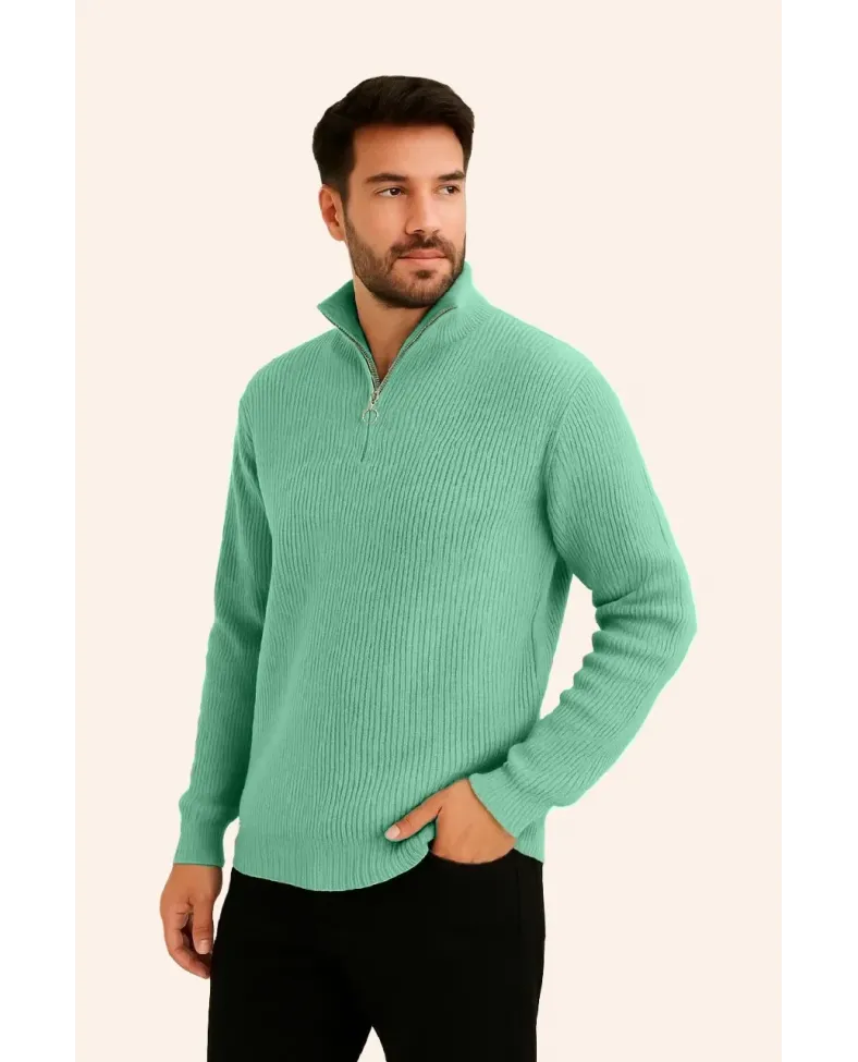 Erkek Yarım Fermuarlı Triko Kazak Selanik Örgü Dik Yaka Pamuklu Dokuma - Mint Yeşili Somersan Giyim | Kadın, Erkek ve Çocuk Moda
