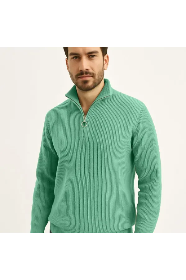 Erkek Yarım Fermuarlı Triko Kazak Selanik Örgü Dik Yaka Pamuklu Dokuma - Mint Yeşili