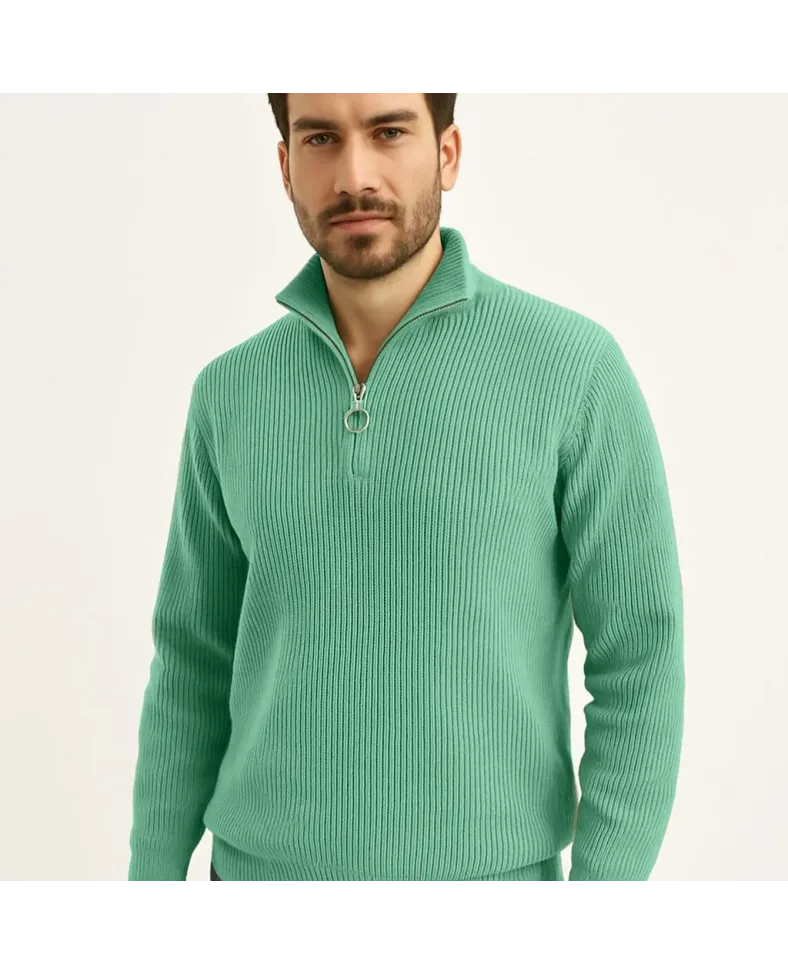 Erkek Yarım Fermuarlı Triko Kazak Selanik Örgü Dik Yaka Pamuklu Dokuma - Mint Yeşili Somersan Giyim | Kadın, Erkek ve Çocuk Moda