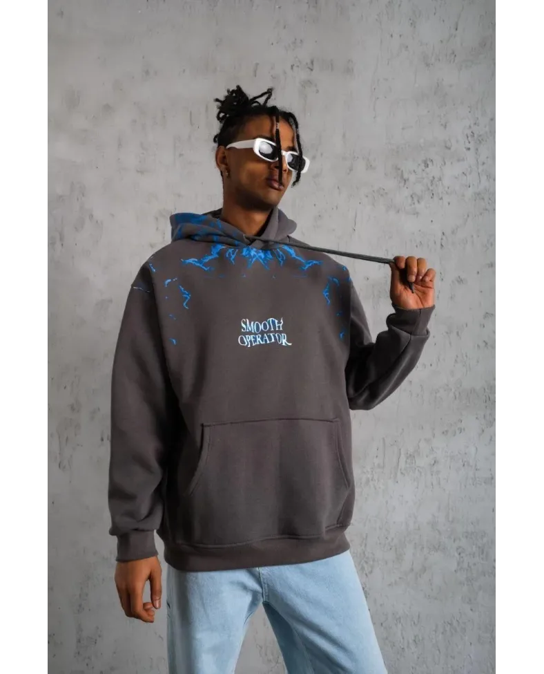 Erkek Yıldırım Baskılı Kapşonlu Sweatshirt - Gri