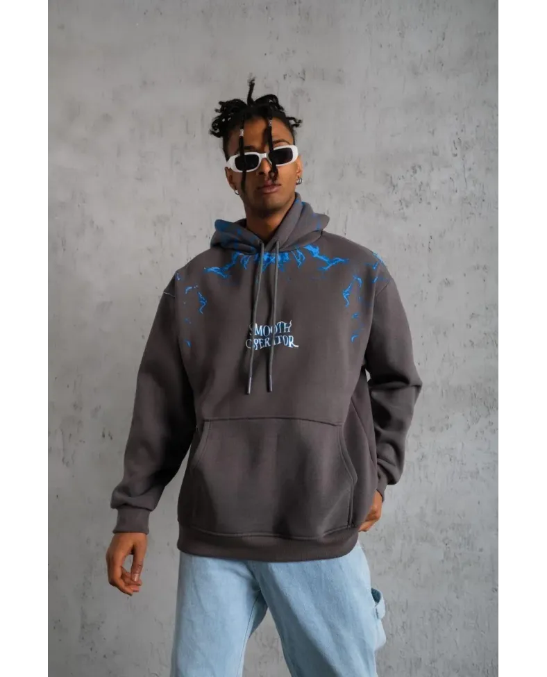 Erkek Yıldırım Baskılı Kapşonlu Sweatshirt - Gri