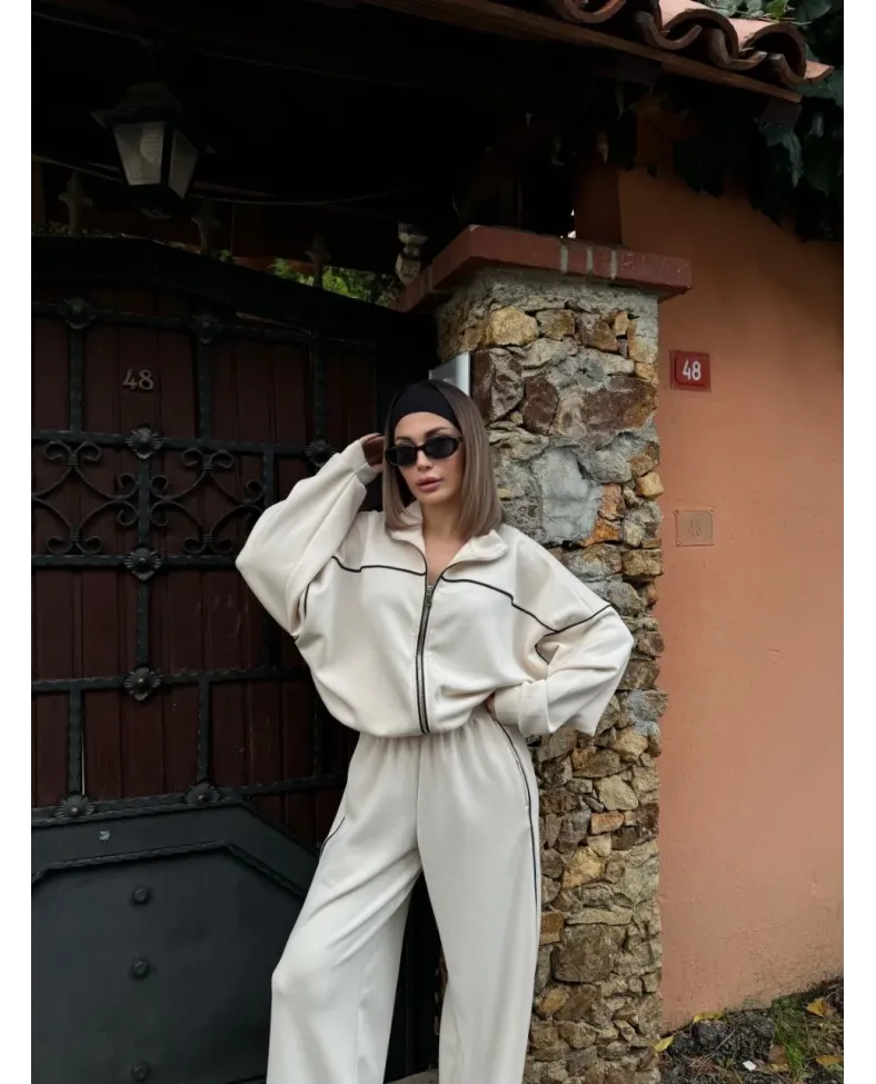 Fermuarlı Eşofman Pantolon İkili Takım - Beyaz