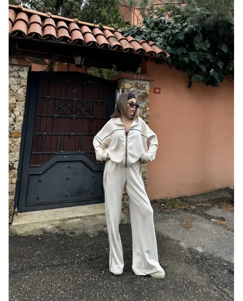 Fermuarlı Eşofman Pantolon İkili Takım - Beyaz