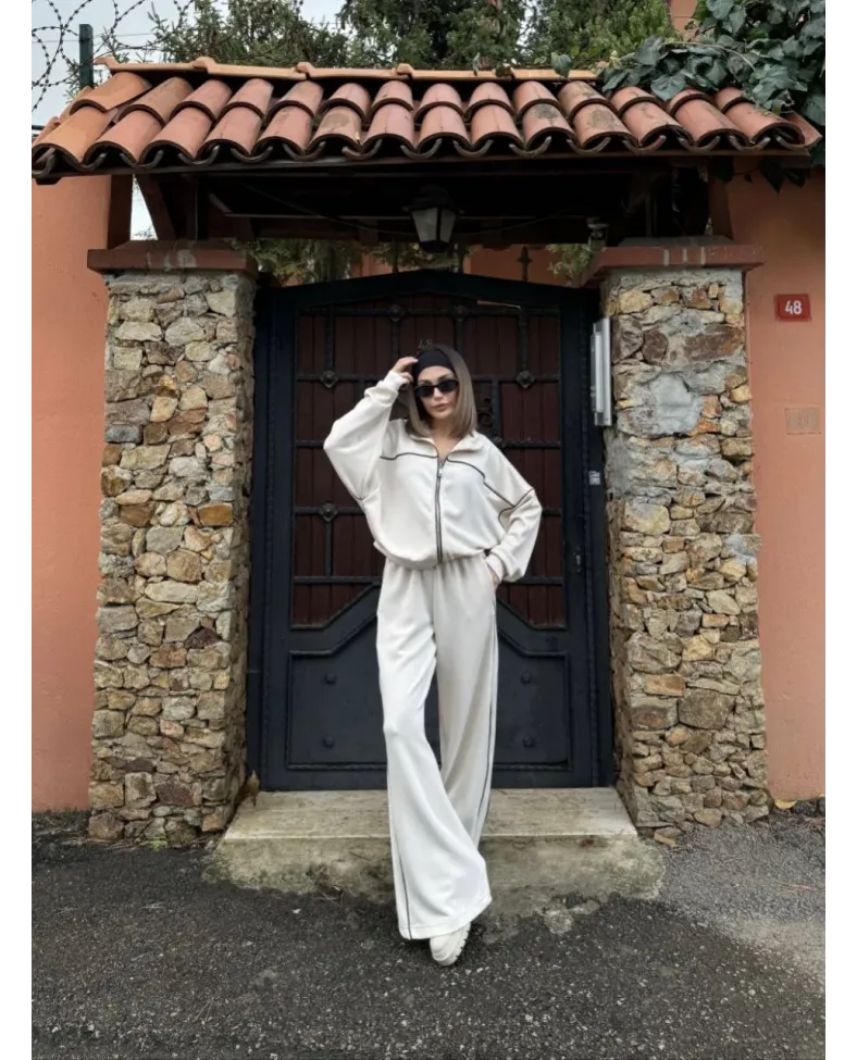 Fermuarlı Eşofman Pantolon İkili Takım - Beyaz