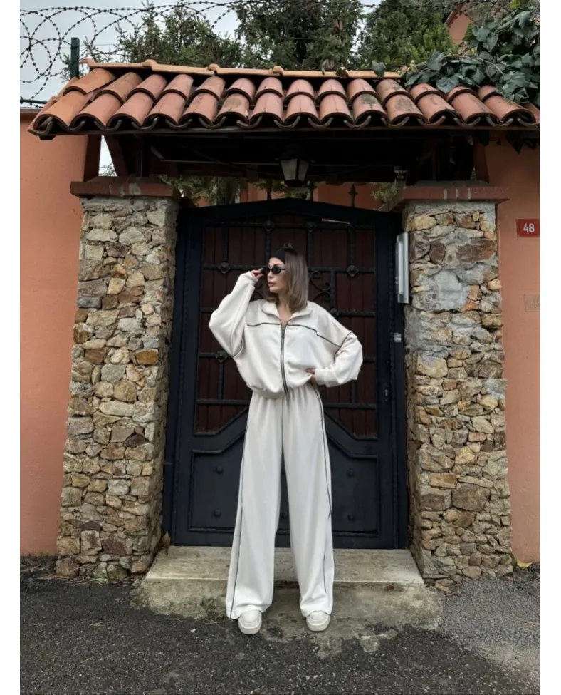 Fermuarlı Eşofman Pantolon İkili Takım - Beyaz