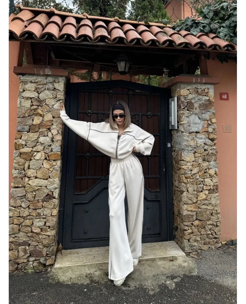 Fermuarlı Eşofman Pantolon İkili Takım - Beyaz