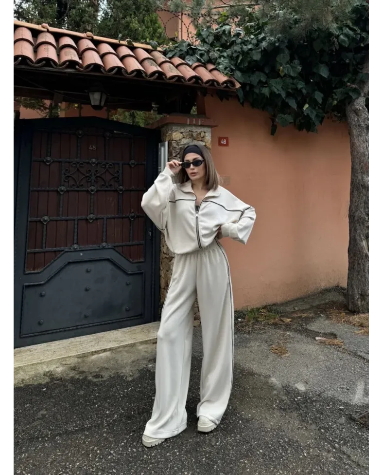 Fermuarlı Eşofman Pantolon İkili Takım - Beyaz