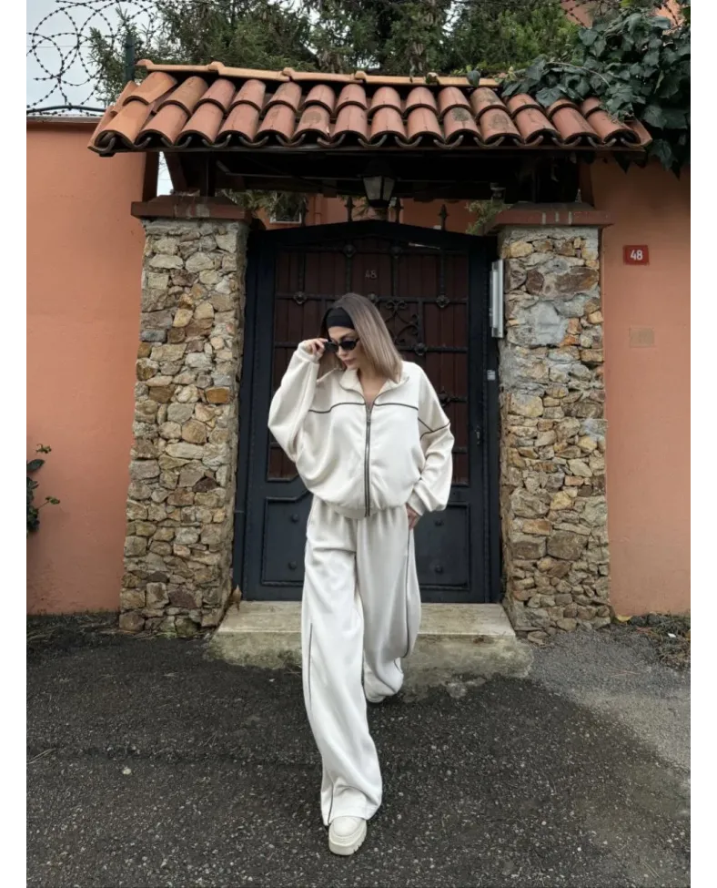 Fermuarlı Eşofman Pantolon İkili Takım - Beyaz