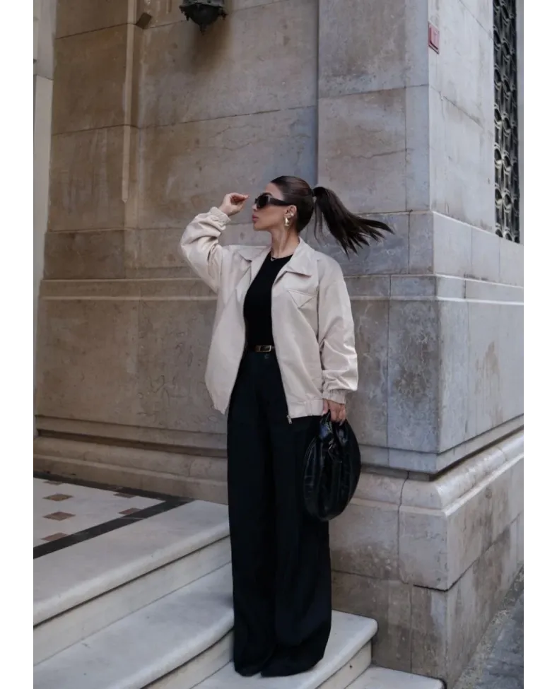 Fermuarlı Gömlek Yaka Bomber Ceket - Beyaz