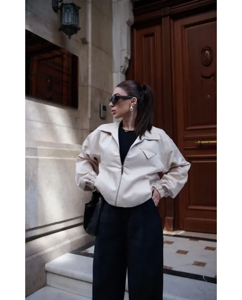 Fermuarlı Gömlek Yaka Bomber Ceket - Beyaz
