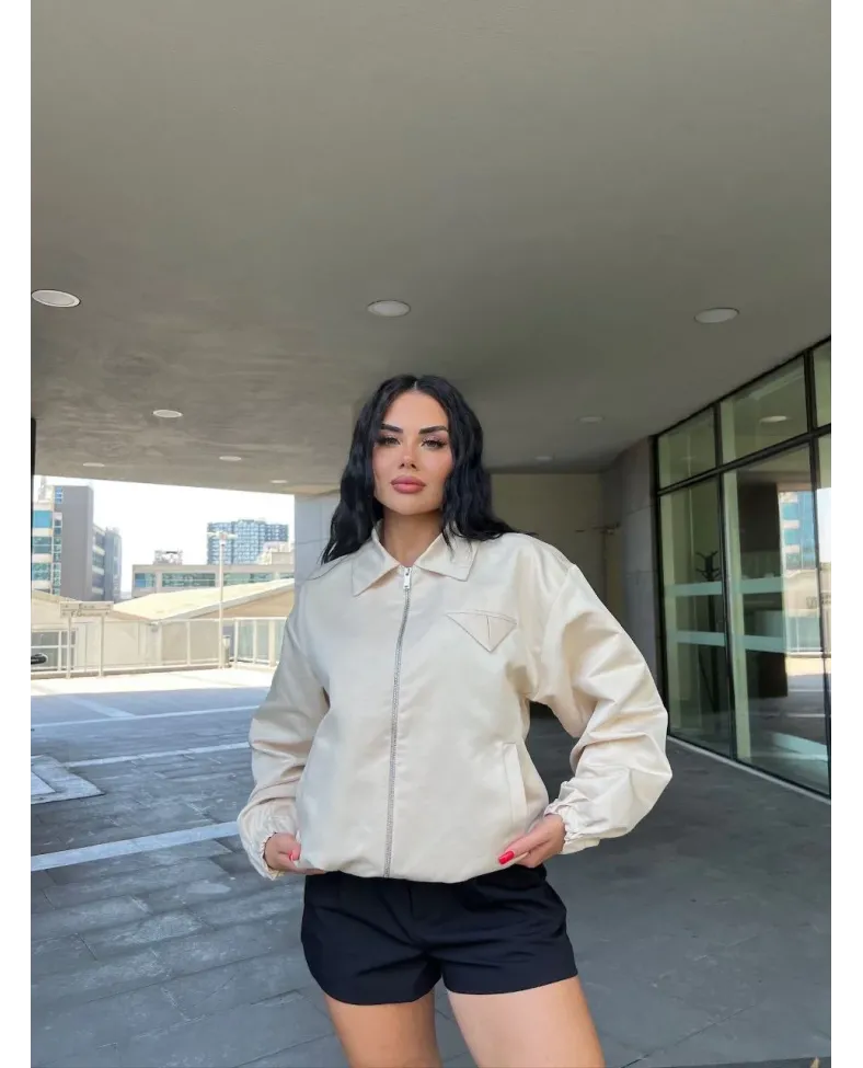Fermuarlı Gömlek Yaka Bomber Ceket - Beyaz