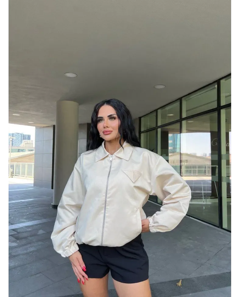 Fermuarlı Gömlek Yaka Bomber Ceket - Beyaz