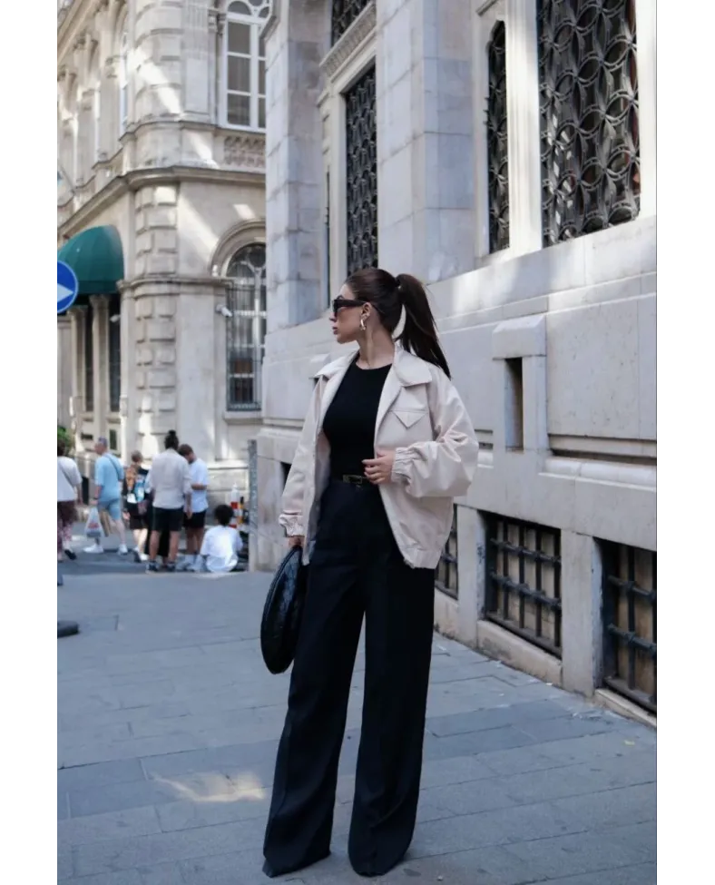 Fermuarlı Gömlek Yaka Bomber Ceket - Beyaz