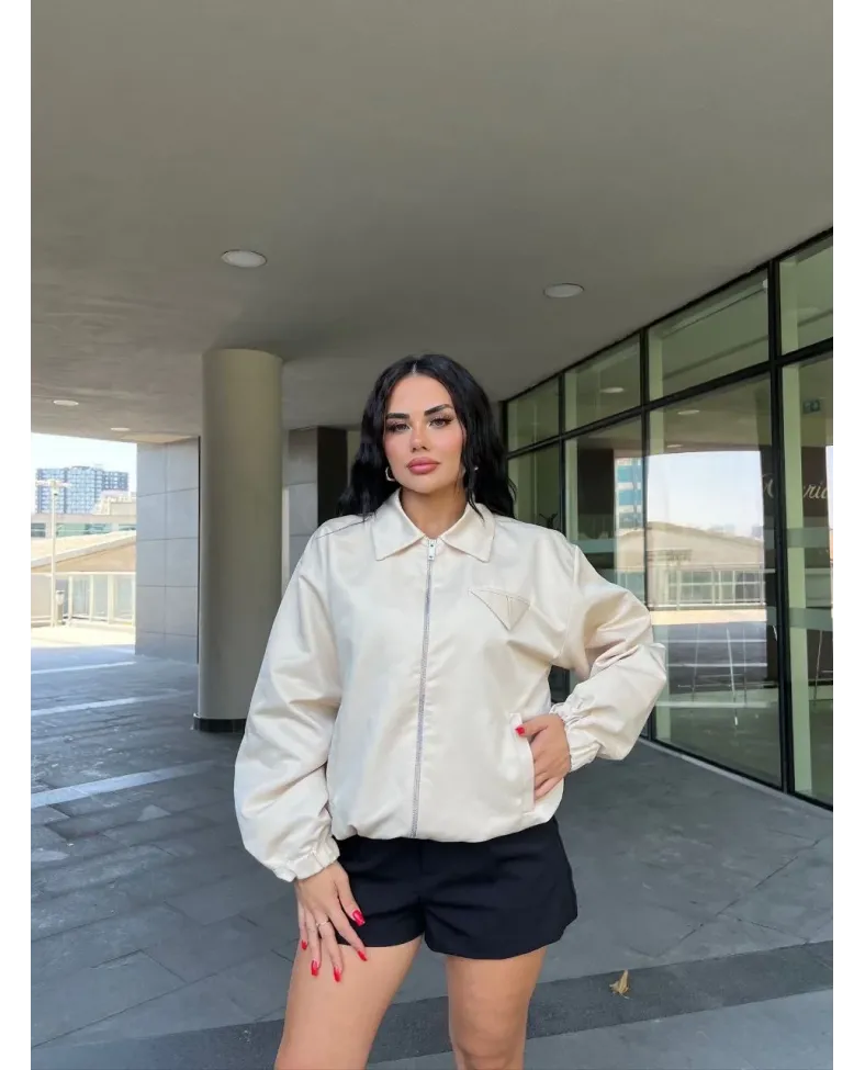 Fermuarlı Gömlek Yaka Bomber Ceket - Beyaz