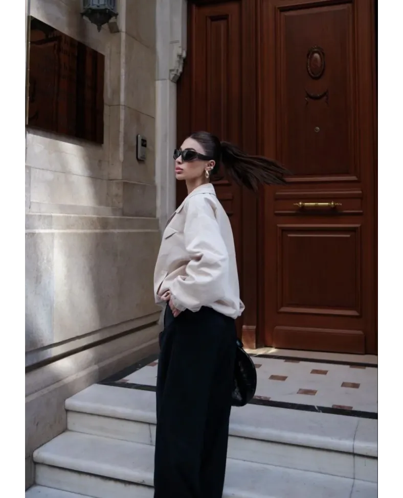 Fermuarlı Gömlek Yaka Bomber Ceket - Beyaz