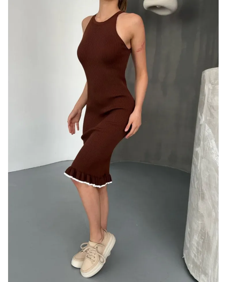 Fırfır Detaylı Triko Elbise- Kahverengi