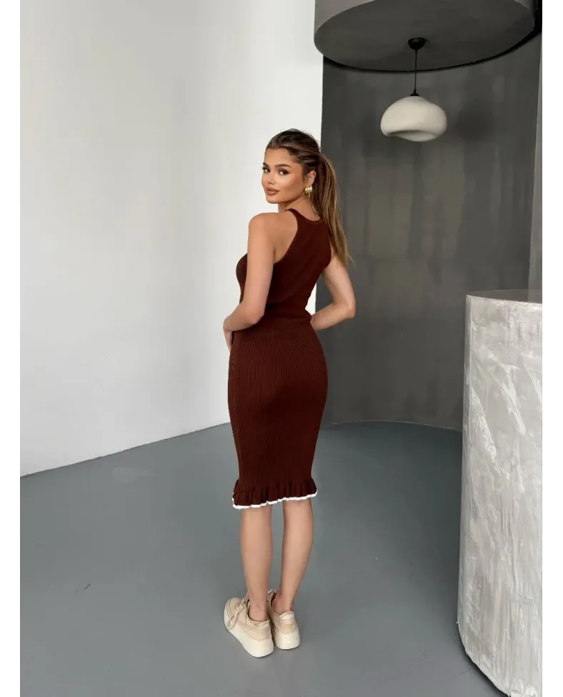 Fırfır Detaylı Triko Elbise- Kahverengi