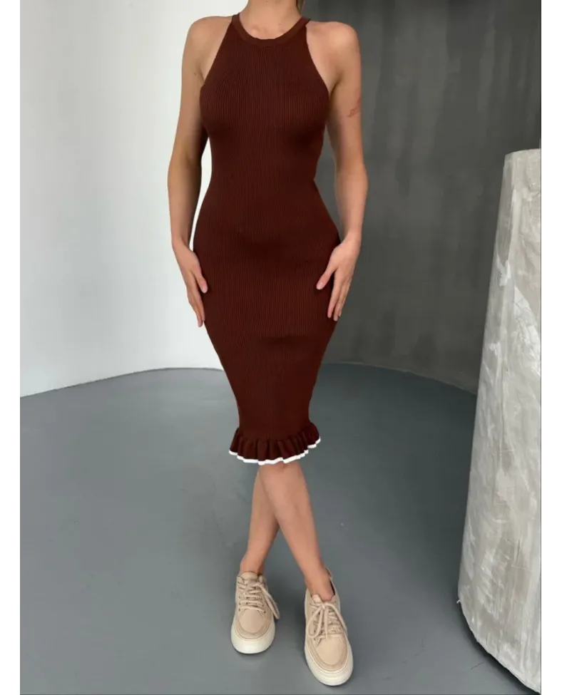 Fırfır Detaylı Triko Elbise- Kahverengi