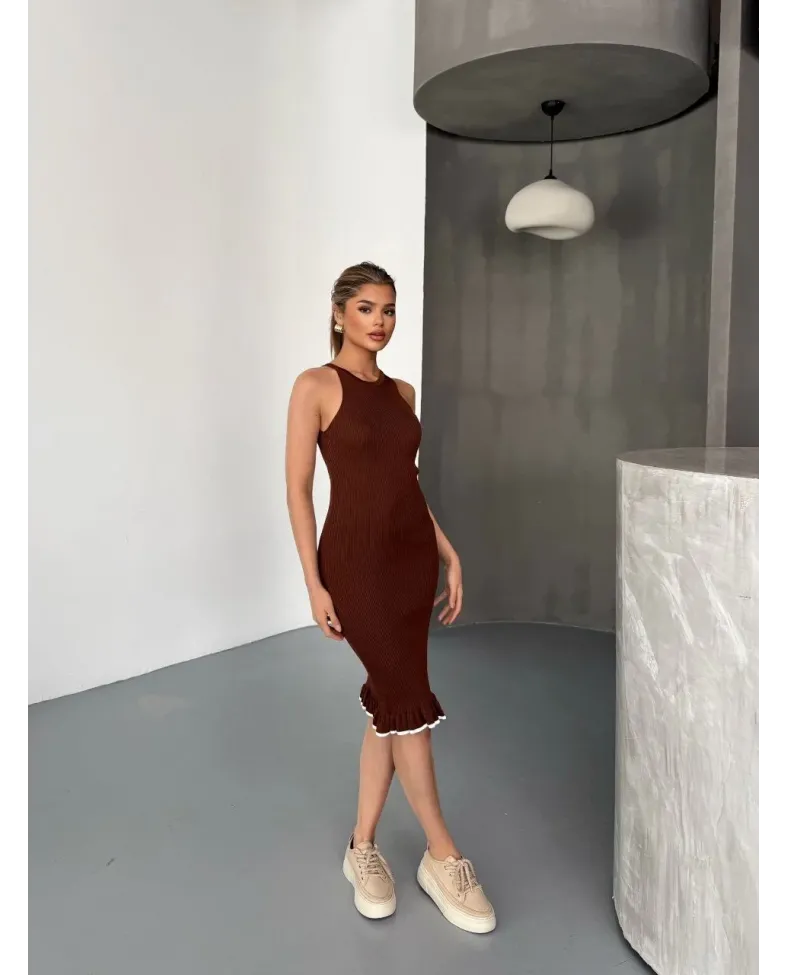 Fırfır Detaylı Triko Elbise- Kahverengi