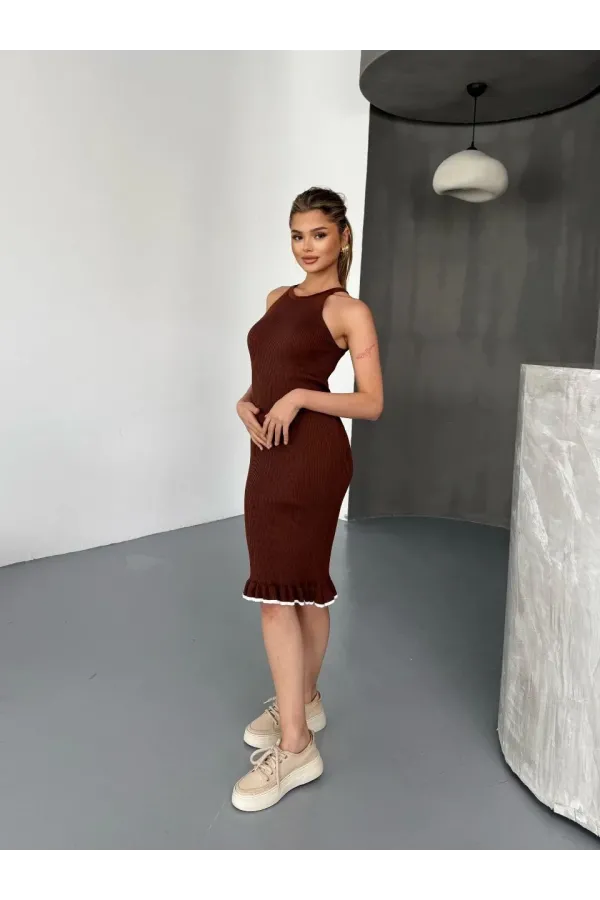 Fırfır Detaylı Triko Elbise- Kahverengi