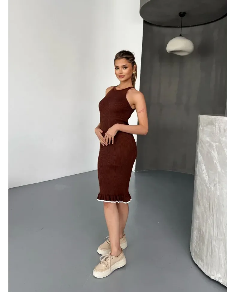 Fırfır Detaylı Triko Elbise- Kahverengi