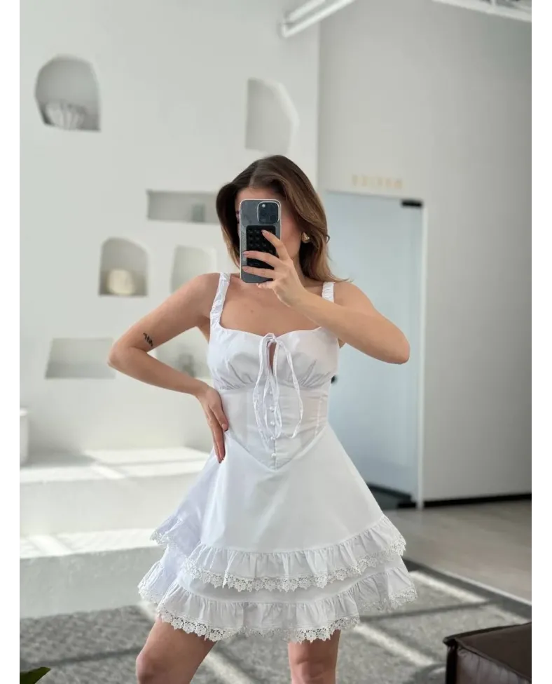Fırfırlı Askılı Mini Elbise - Beyaz