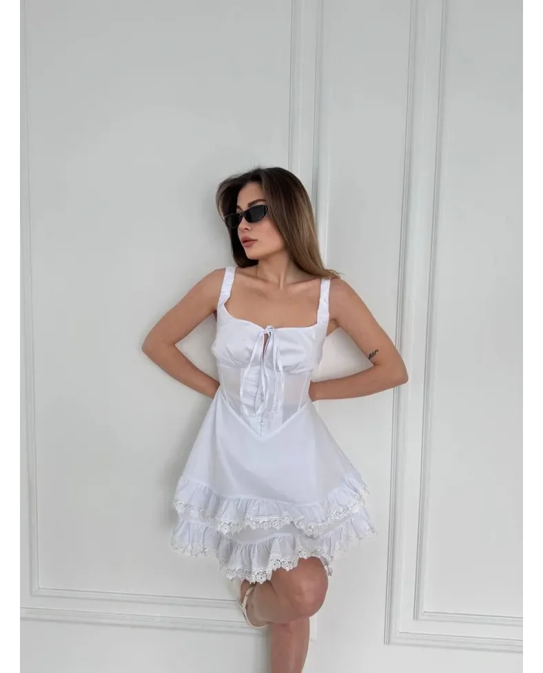 Fırfırlı Askılı Mini Elbise - Beyaz