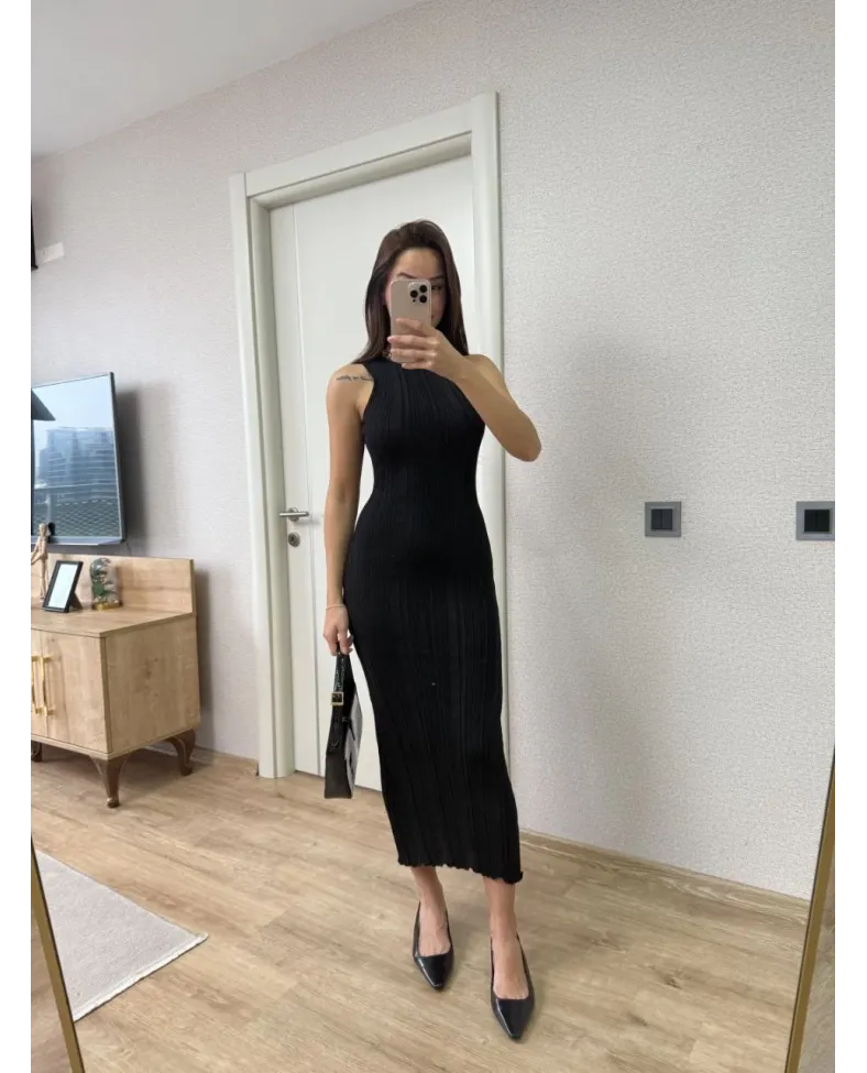 Fitilli Triko Elbise Kolsuz Sırtı Kapalı Maxi Uzun Boy - Siyah