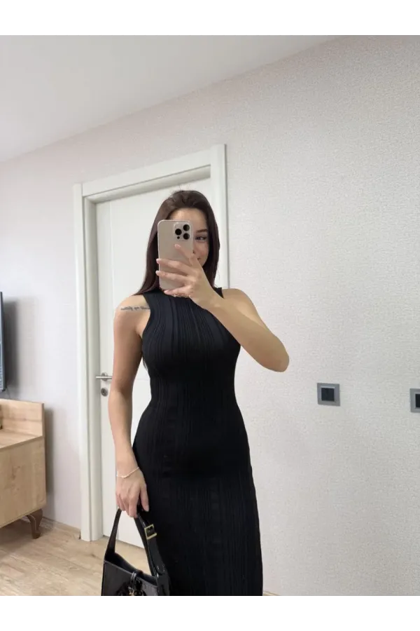 Fitilli Triko Elbise Kolsuz Sırtı Kapalı Maxi Uzun Boy - Siyah