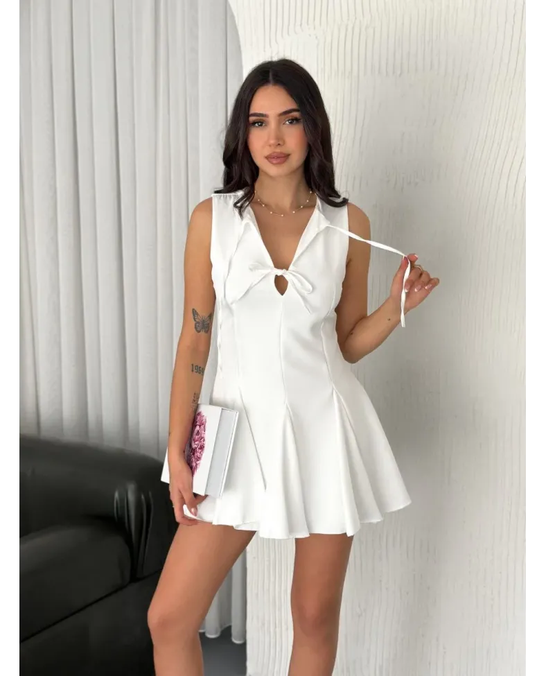 Kadın Göğüs Bağlamalı Kolsuz Mini Boy Elbise - Beyaz