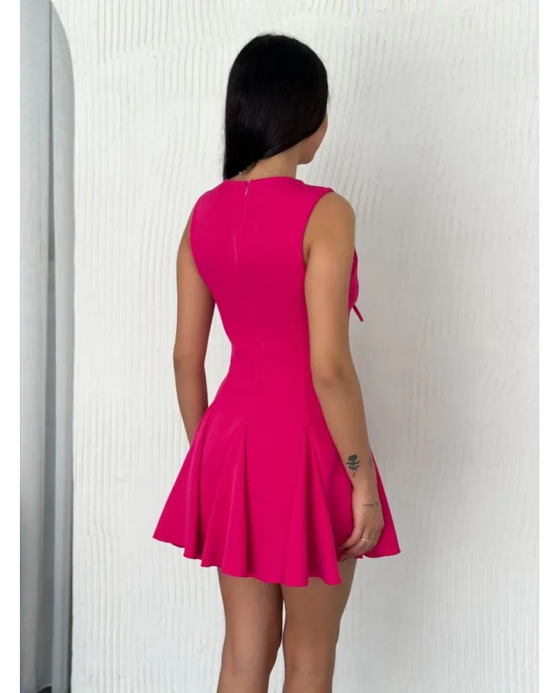 Göğüs Bağlamalı Kolsuz Mini Boy Elbise - Pembe