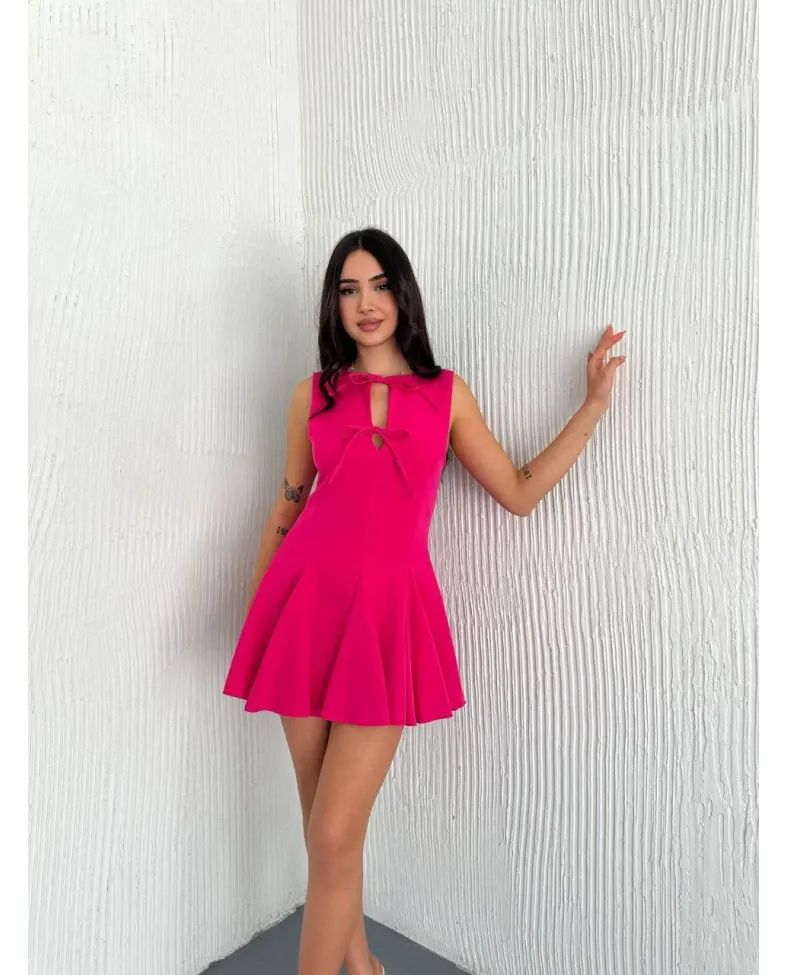 Göğüs Bağlamalı Kolsuz Mini Boy Elbise - Pembe