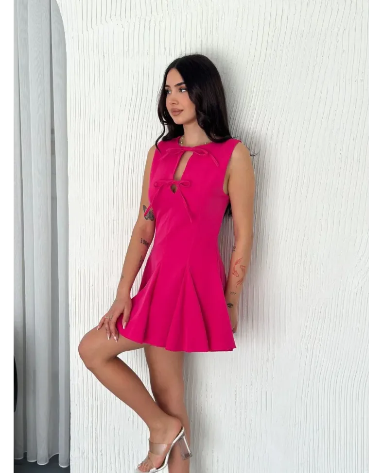 Göğüs Bağlamalı Kolsuz Mini Boy Elbise - Pembe
