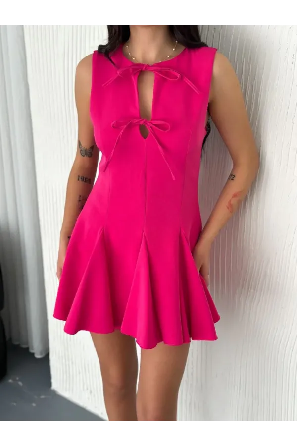 Göğüs Bağlamalı Kolsuz Mini Boy Elbise - Pembe