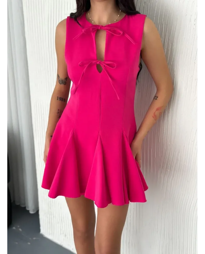Göğüs Bağlamalı Kolsuz Mini Boy Elbise - Pembe