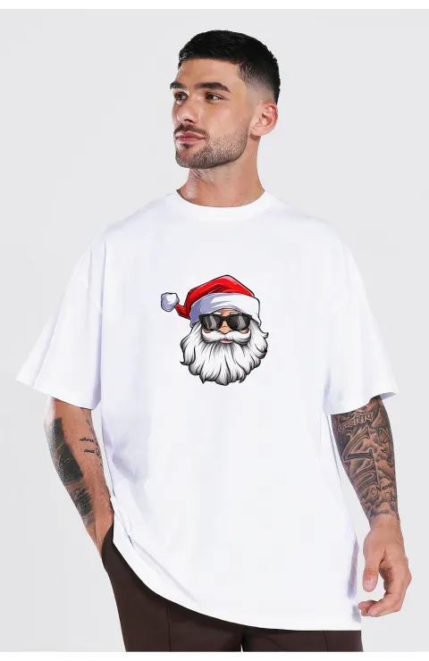 Yılbaşı Gözlüklü Noel Baba Baskılı Kısa Kollu Oversize Bisiklet Yaka T-shirt - Beyaz