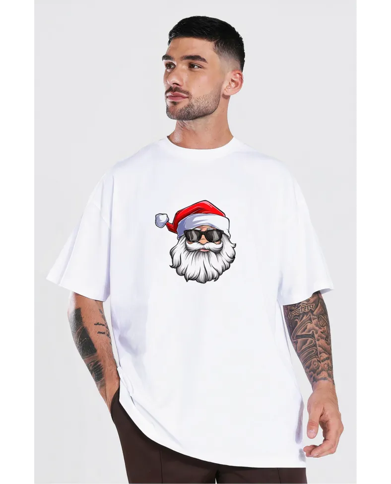 Yılbaşı Gözlüklü Noel Baba Baskılı Kısa Kollu Oversize Bisiklet Yaka T-shirt - Beyaz